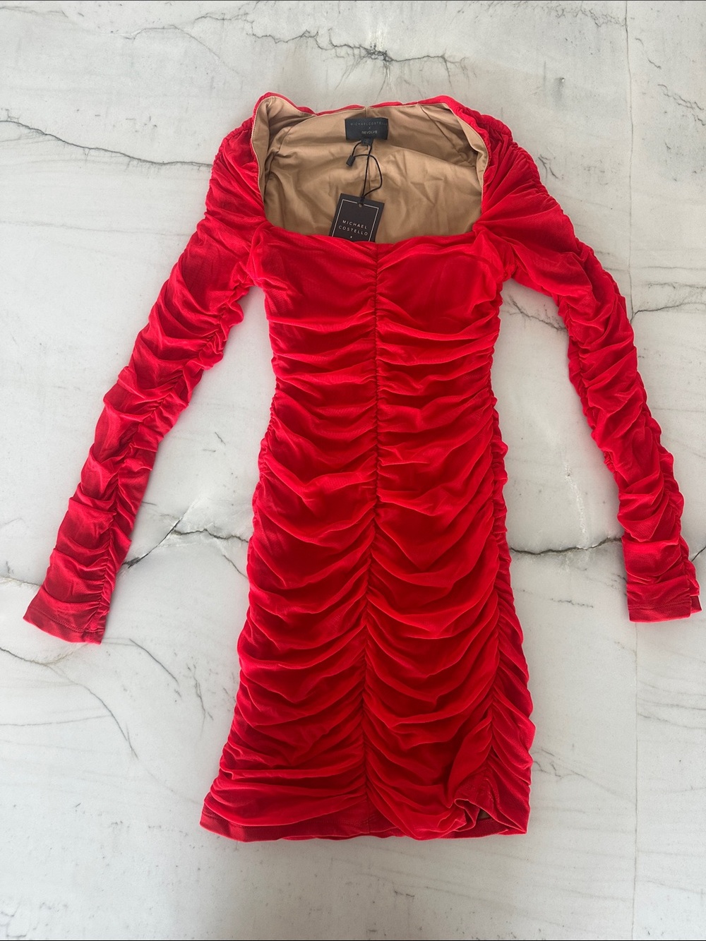 Revolve x Michael Costello Ruched Red Velvet Long-Sleeve Party Dress